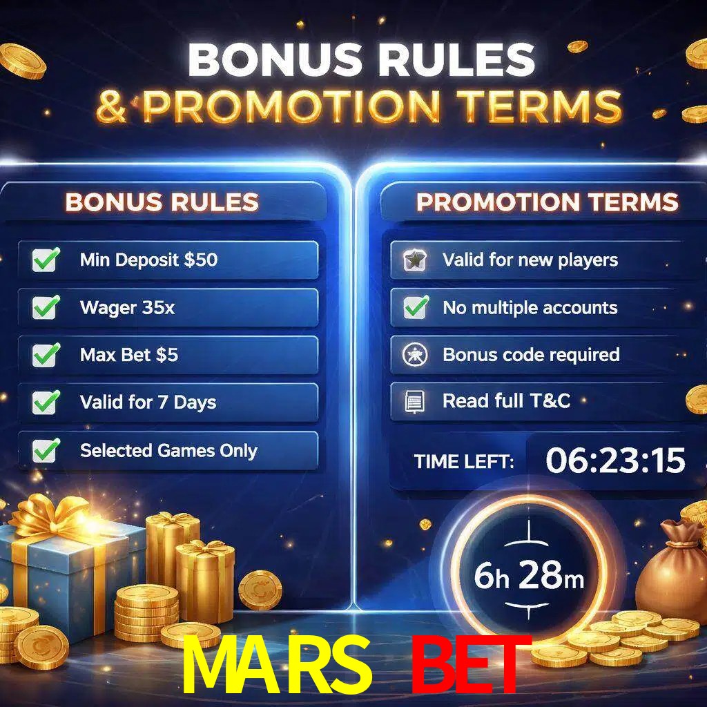 Reglas de promoción MARS BET y condiciones de bonos explicadas visualmente