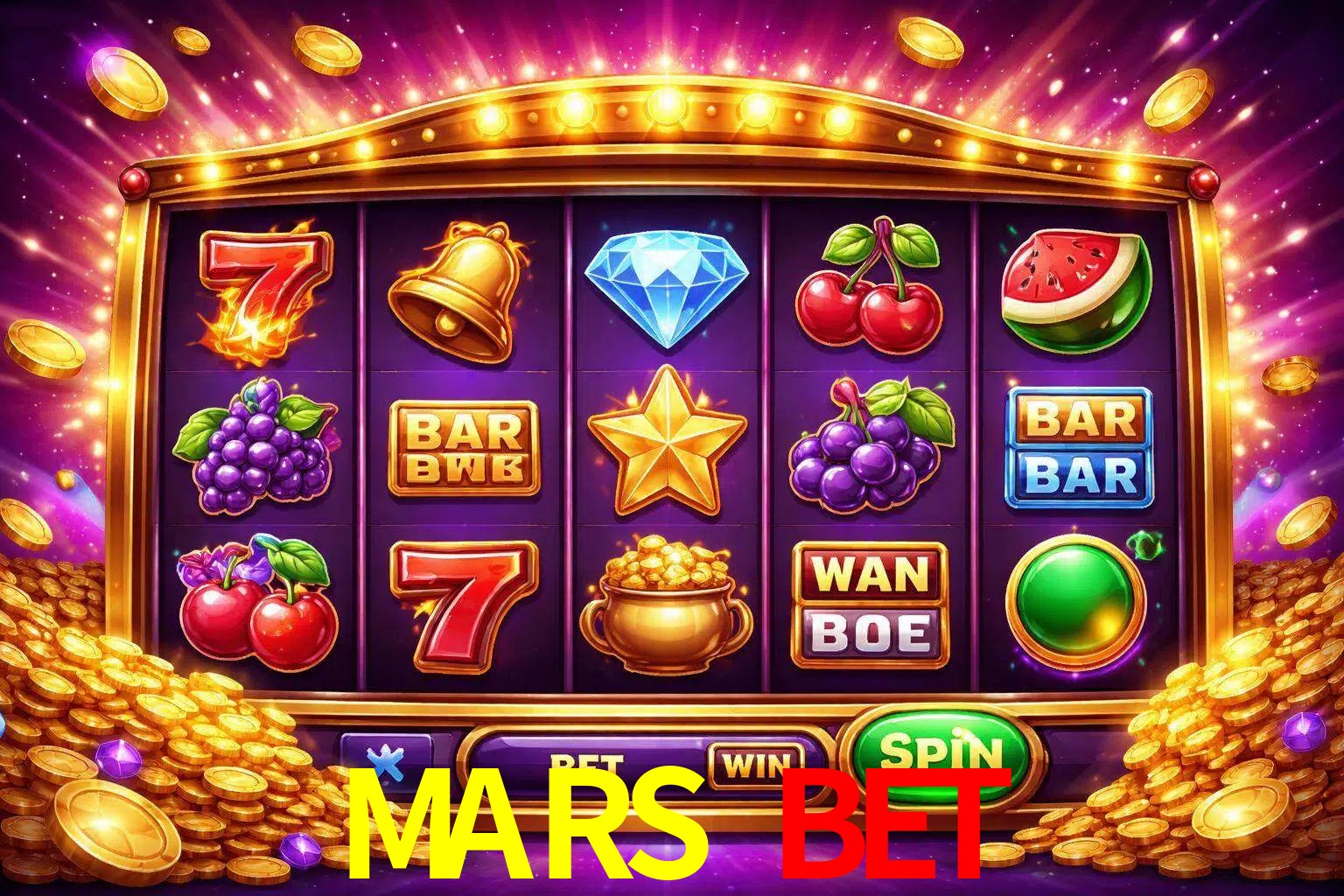Una interfaz colorida de tragamonedas en línea con símbolos brillantes, monedas y un efecto de victoria celebratoria en MARS BET.