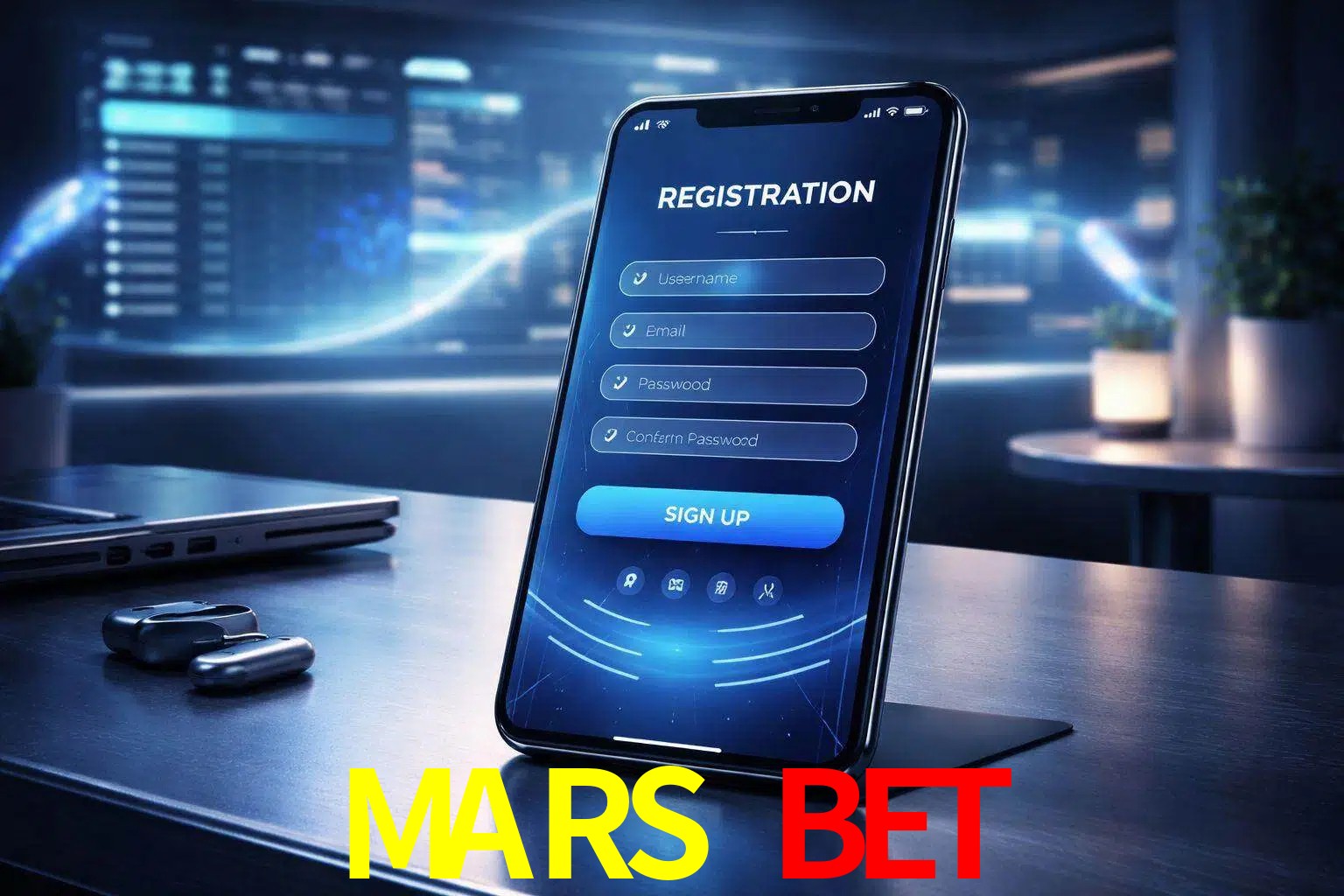 Una interfaz moderna de registro móvil para MARS BET mostrada en un smartphone con un panel de apuestas elegante.